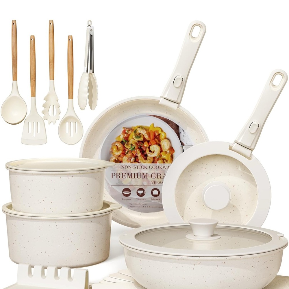 Astercook Ceramic Non-stick Cookware 21 Pcs Pots and Pans Set, Detachable Handle